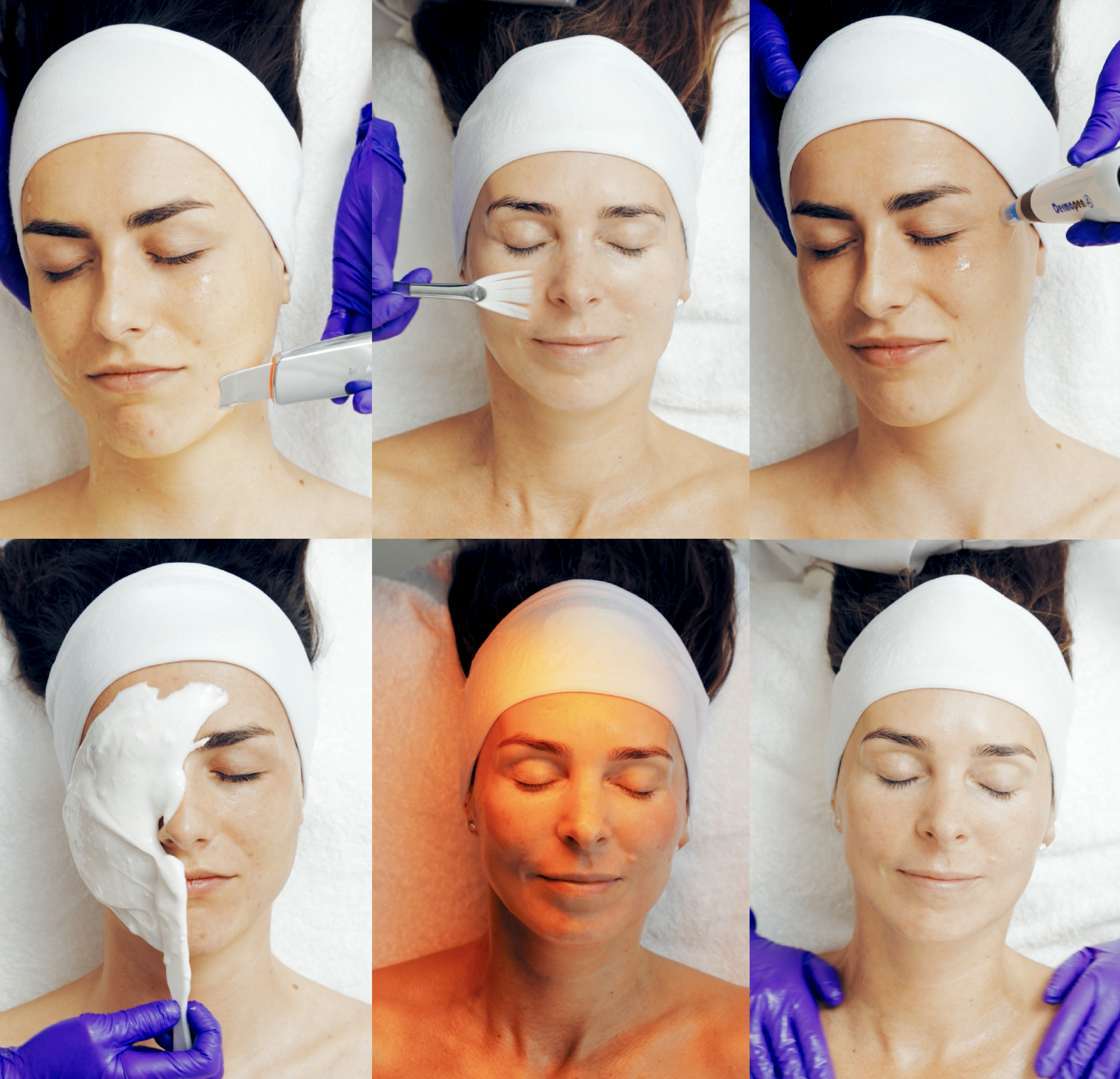 er worden zes delen van een facial weergegeven. zoals: het zuiveren van de huid, een peel en een dikke masker aanbrengen, en red light therapy 