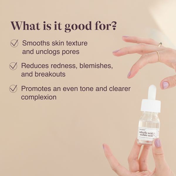 Prescription Skincare Salicylic Acid 2% + Azelaic Acid 7% egaliseert de huidtextuur, vermindert roodheid en puistjes en bevordert een gelijkmatige teint